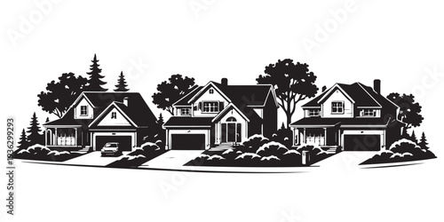 Suburban Neighborhood Silhouette, Silhouette Vector, Isolated on White Background