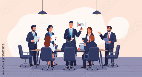Professional business leaders and colleagues gathered in an office boardroom for a corporate meeting, discussing strategies, analyzing data, and collaborating on projects during a presentation.