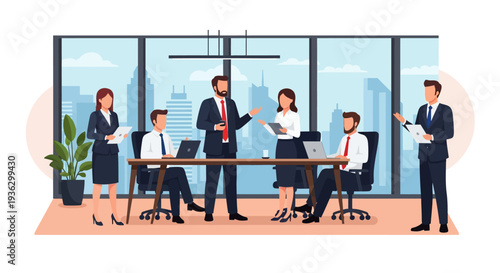Vector illustration of diverse business professionals holding a team meeting in a modern office boardroom with a city skyline view, discussing corporate strategy and collaboration.