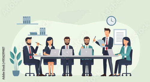 Diverse business team of male and female professionals in an office meeting, seated at a long table working on laptops, with a standing presenter leading the discussion, surrounded by modern decor.