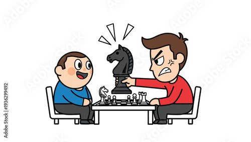 Cartoon chess players: happy winner and frustrated loser reacting to a strategic game. Competition and emotions.