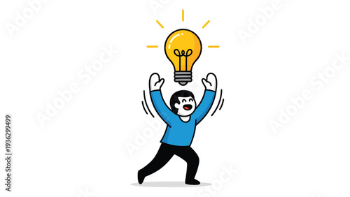 Excited person with a glowing light bulb above head, symbolizing a bright idea, inspiration, innovation, and eureka moment
