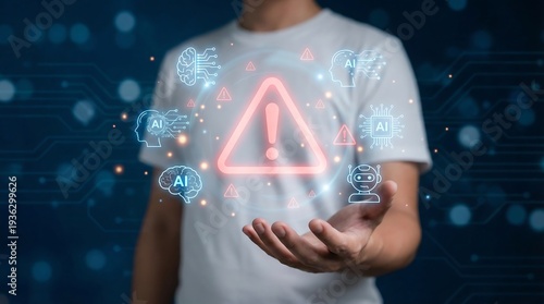 A person holding out a hand displaying a prominent glowing warning triangle, surrounded by various artificial intelligence icons, highlighting potential risks and ethical concerns of AI technology.