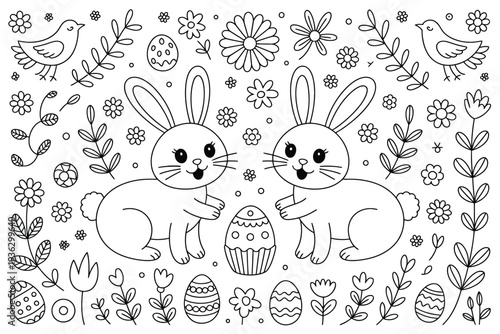 Rabbits illustration with Easter eggs and flowers for coloring book