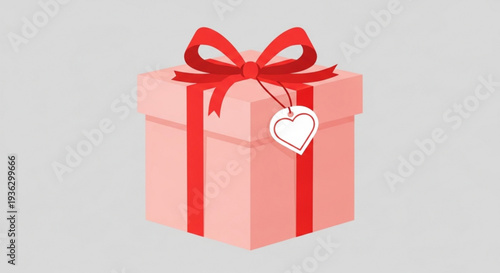 Pink gift box with red ribbon bow and heart tag for valentine's day or romantic occasion