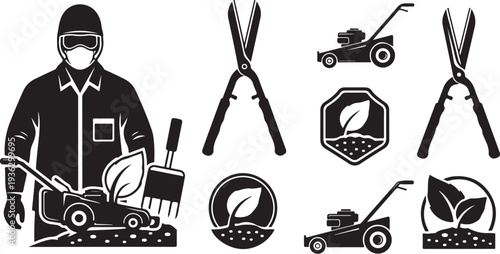 Gardener with tools and lawn mower in black icons