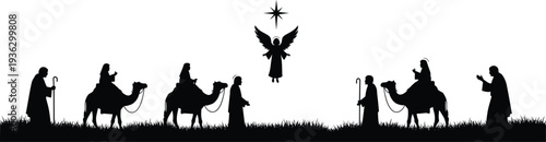 Nativity scene silhouettes with angel and star, Christmas vector illustration, religious artwork, Christian tradition design, holiday theme, spiritual concept