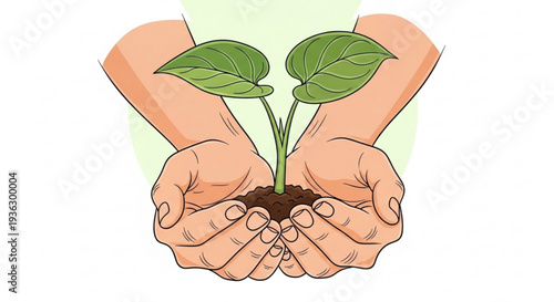 Hands holding young plant with green leaves and soil symbolizing growth nurturing and environmental care in a simple illustration