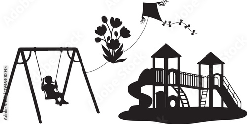 Silhouette of child playing on swing set and playground