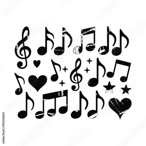 Black music notes and symbols on white background musical symbols black and white grunge heart vector illustration.
