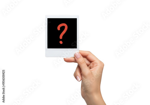 hand holding photo frame with question mark on transparent background
