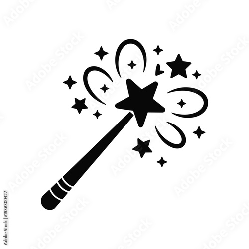 Black magic wand with star on and sparkles vector illustration isolated on white background.
