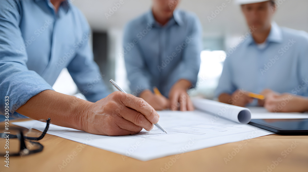 Fototapeta premium Architects Collaborating On Blueprints For A Construction Project