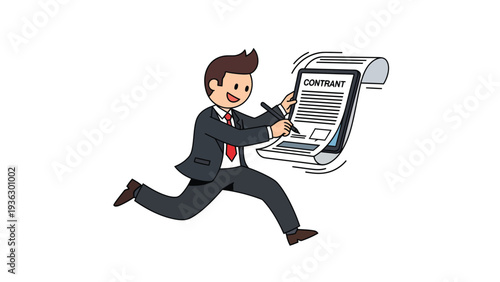 Businessman running and swiftly signing a contract. Fast deal, agreement, and efficient business process illustration.