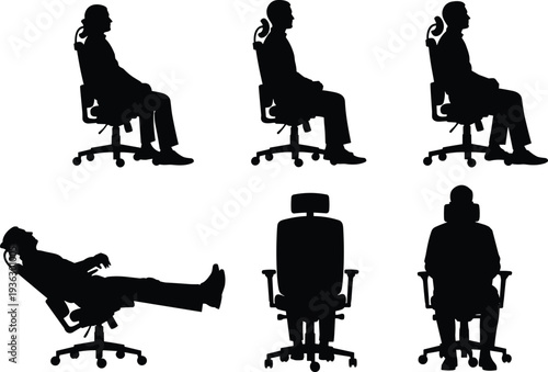 Office chair silhouettes with ergonomic sitting postures, upright positions, reclined seating, rear views, workplace comfort, adjustable design, professional lifestyle illustration