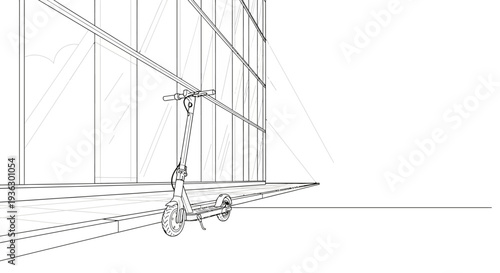 Electric Scooter Drawing Next to Modern Building Facade.
