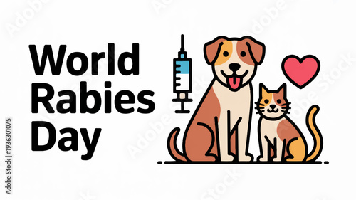 World rabies day awareness illustration of a dog and cat with a syringe and heart symbol