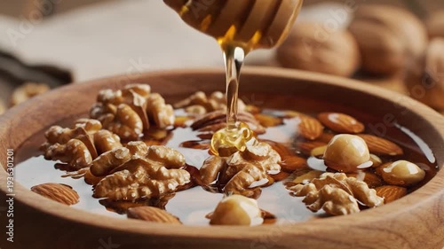 Golden honey slowly drips from a wooden dipper into a bowl of healthy nuts.