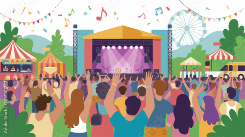 People enjoying live music festival with colorful stage and carnival rides in background at sunny outdoor event