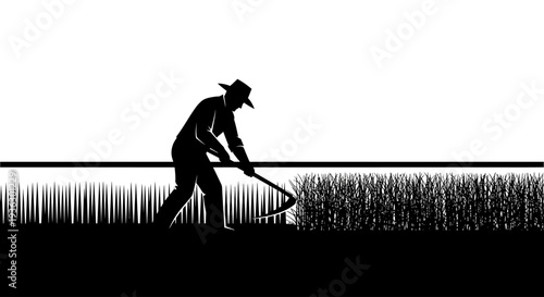 Farmer silhouette harvesting wheat with a scythe in a field.