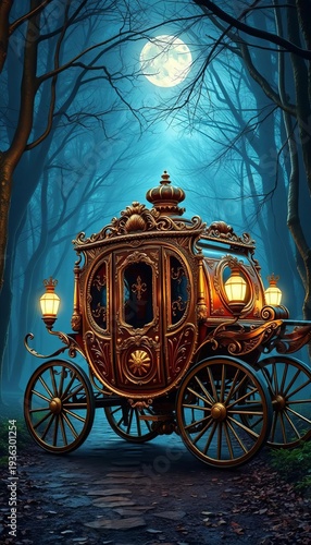 Gilded carriage, ornate carvings, moonlight glow, enchanted forest path,  opulent,  glow