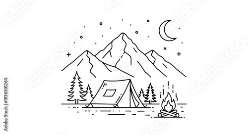 Hand drawn camping scene with tent mountains and campfire under starry night sky.