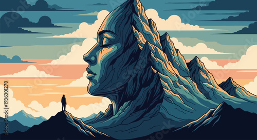 Giant Mountain Face Woman Silhouette Traveler.