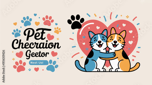 Cute cartoon dog and cat hugging surrounded by colorful hearts and paw prints on beige background with festive confetti