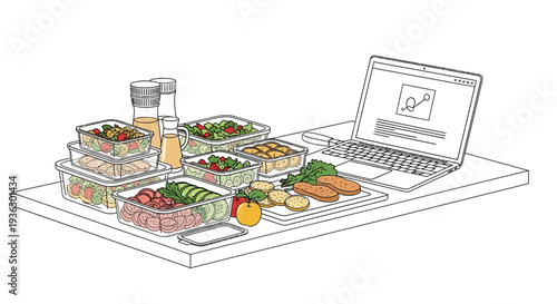 Healthy Meal Prep With Laptop And Ingredients For Nutrition Planning.