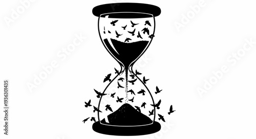 Hourglass with birds flying out symbolizing freedom and time passing.