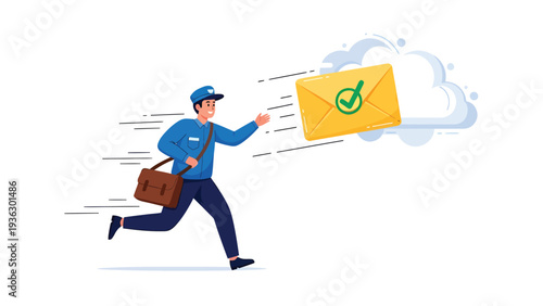 Running Mailman Delivering Fast Message/Email from Cloud, Express Delivery Concept Illustration