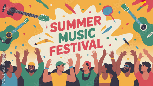 Vibrant summer music festival crowd with guitars and confetti lively atmosphere