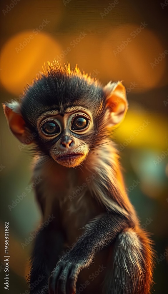 Fototapeta premium Soft focus captures a tiny primate's curious gaze, amber light glinting in its eye Dusty tones evoke forgotten jungle whispers, analog, curious