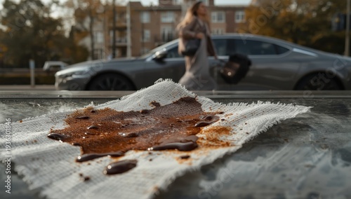 Coffee stain on fabric from hasty drinking; daily cleaning challenge