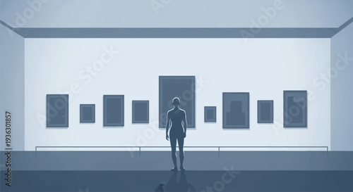 Lone figure contemplates art in a minimalist gallery setting.
