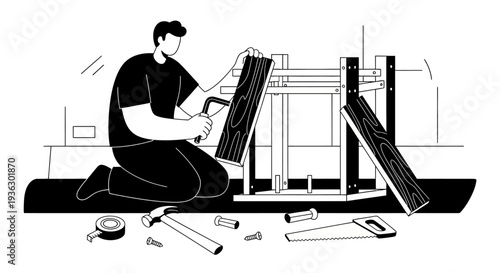 Man assembling wooden furniture with tools and materials.