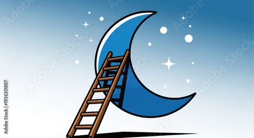Ladder reaching towards a crescent moon in the night sky.