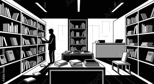 Man browsing books in a library aisle.