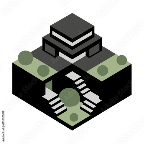 Isometric illustration of a modern building with a courtyard and trees.