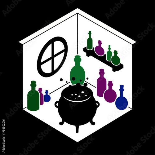 Illustration of a cauldron surrounded by colorful bottles in a mystical setting.