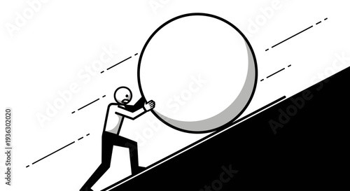Man Pushing Large Sphere Up Steep Hill Effort Struggle.