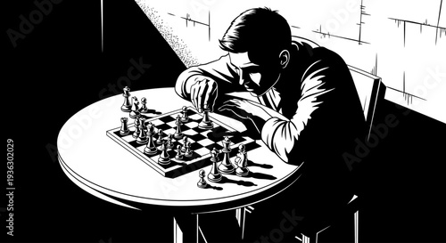 Man playing chess alone at a round table in a dimly lit room.