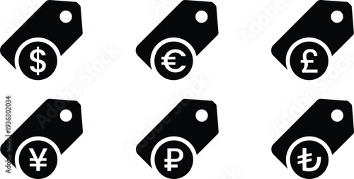 Set of shopping price tags featuring major global currency symbols including Dollar, Euro, Pound, Yen, Ruble, and Lira. Minimalist black icons for e-commerce and retail design.
