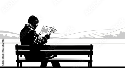 Man reading newspaper on park bench in winter silhouette.
