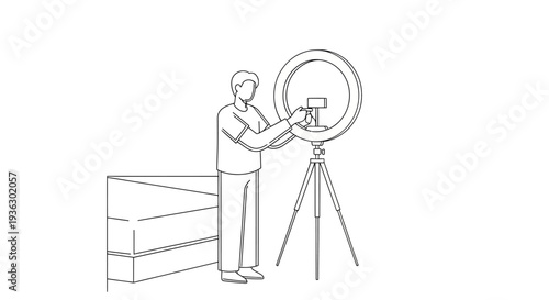 Man setting up ring light and camera for filming.