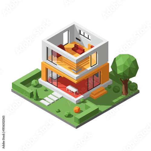 Isometric illustration of a modern two-story house with a garden.