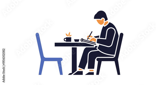 Man sitting at table writing in notebook with coffee cup.