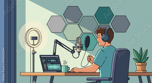 Man recording podcast in home studio with microphone and laptop.