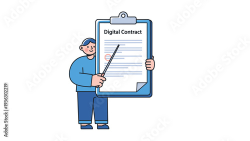 Man pointing at a digital contract on a clipboard, explaining online agreement terms. E-signature and legal document concept illustration.