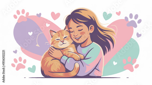 Woman hugging orange cat heart background love affectionate pet owner cute animal friendship